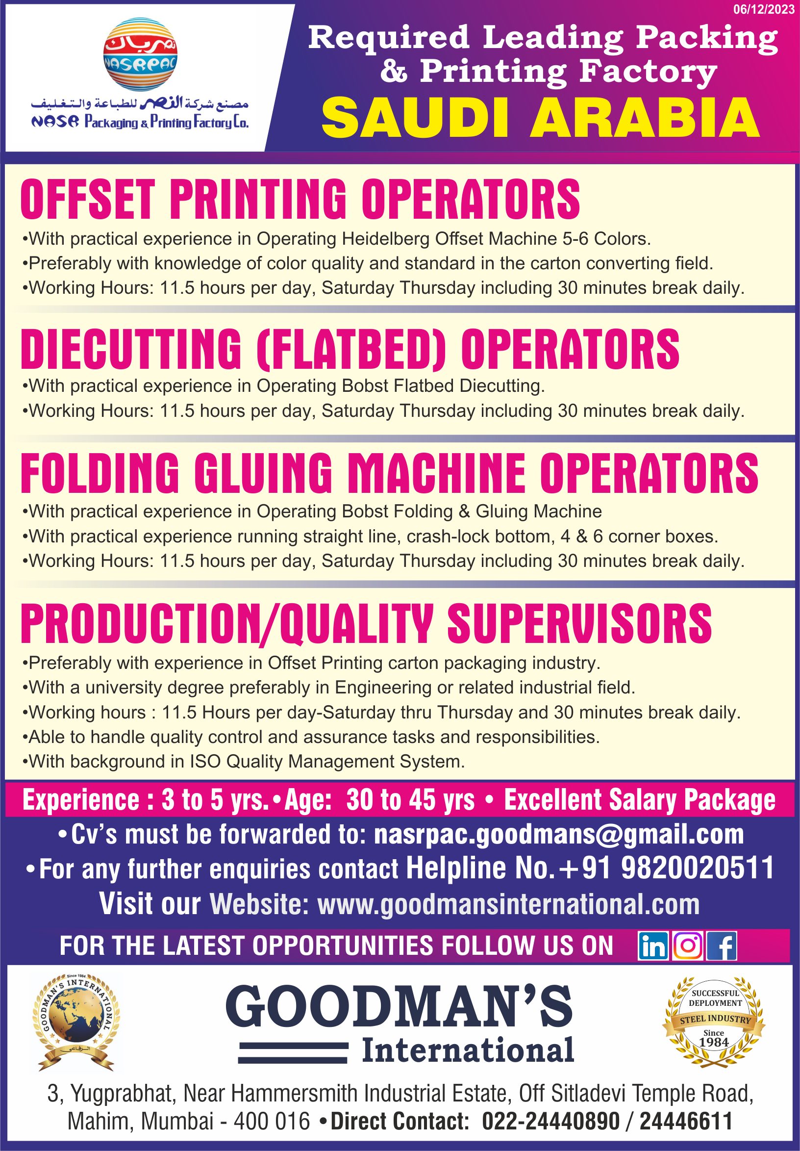 URGENTLY REQUIRED QUALIFIED CANDIDATES WELL EXPERIENCED (M/S. NASR